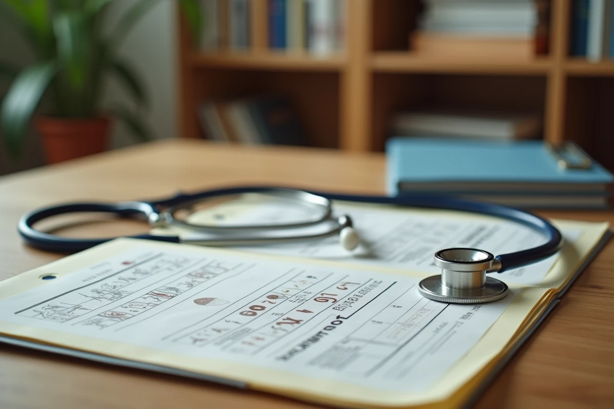 Dossier médical et stéthoscope sur un bureau de médecin, symbolisant le diagnostic d'une maladie auto-immune