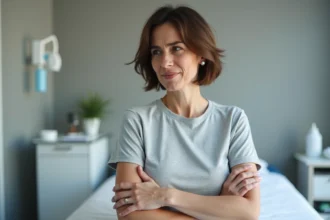 Femme tenant son aisselle gauche avec une expression préoccupée lors d'une consultation médicale