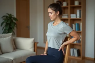 Femme tenant sa main dans le bas du dos en signe de douleur, assise sur une chaise en bois dans un salon moderne