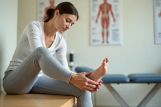 Femme tenant le bord extérieur de son pied droit en position assise dans un cabinet de kinésithérapie, illustrant la douleur du nerf sural