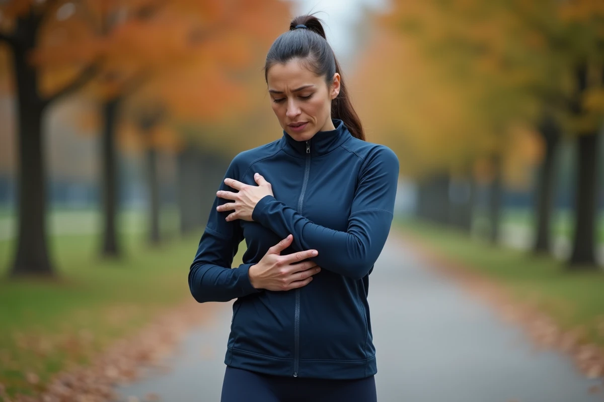 Femme massant son bras gauche douloureux après le jogging dans un parc en automne