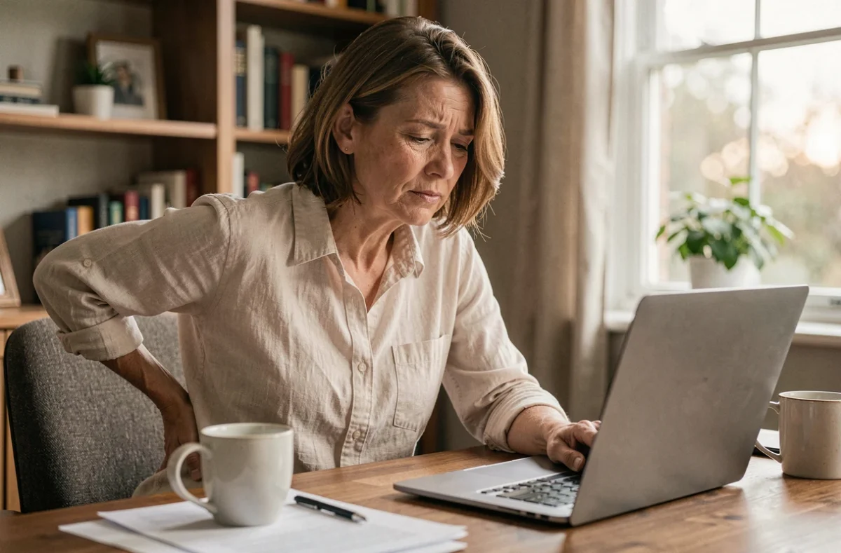 Femme souffrant de douleur chronique au coccyx au bureau à domicile, main posée sur le bas du dos en signe d'inconfort