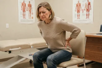 Femme d'âge moyen assise avec douleur au coccyx dans un cabinet médical, exprimant une gêne posturale visible