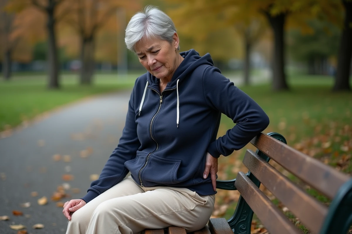 Femme senior assise sur un banc de parc tenant son bas du dos, souffrant d'une douleur au haut des fesses en plein air