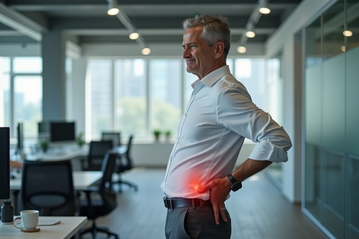 Homme debout dans un bureau moderne se tenant le bas du dos avec les deux mains, exprimant une douleur lombaire