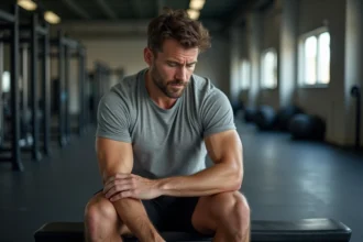 Homme tenant son bras gauche douloureux assis sur un banc de musculation après l'effort
