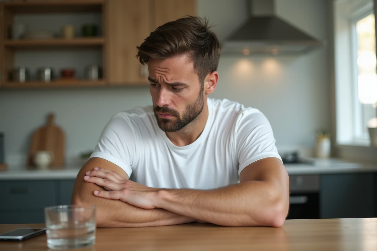 Homme examinant son bras gauche douloureux assis dans une cuisine après une séance de sport
