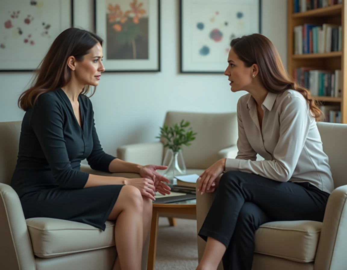 Deux femmes adultes assises face à face dans un bureau de médiation, illustrant un déséquilibre de pouvoir dans une conversation avec une femme perverse narcissique