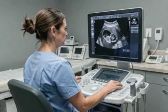 Échographiste professionnelle analysant une image d'échographie de datation sur un écran médical en salle d'examen