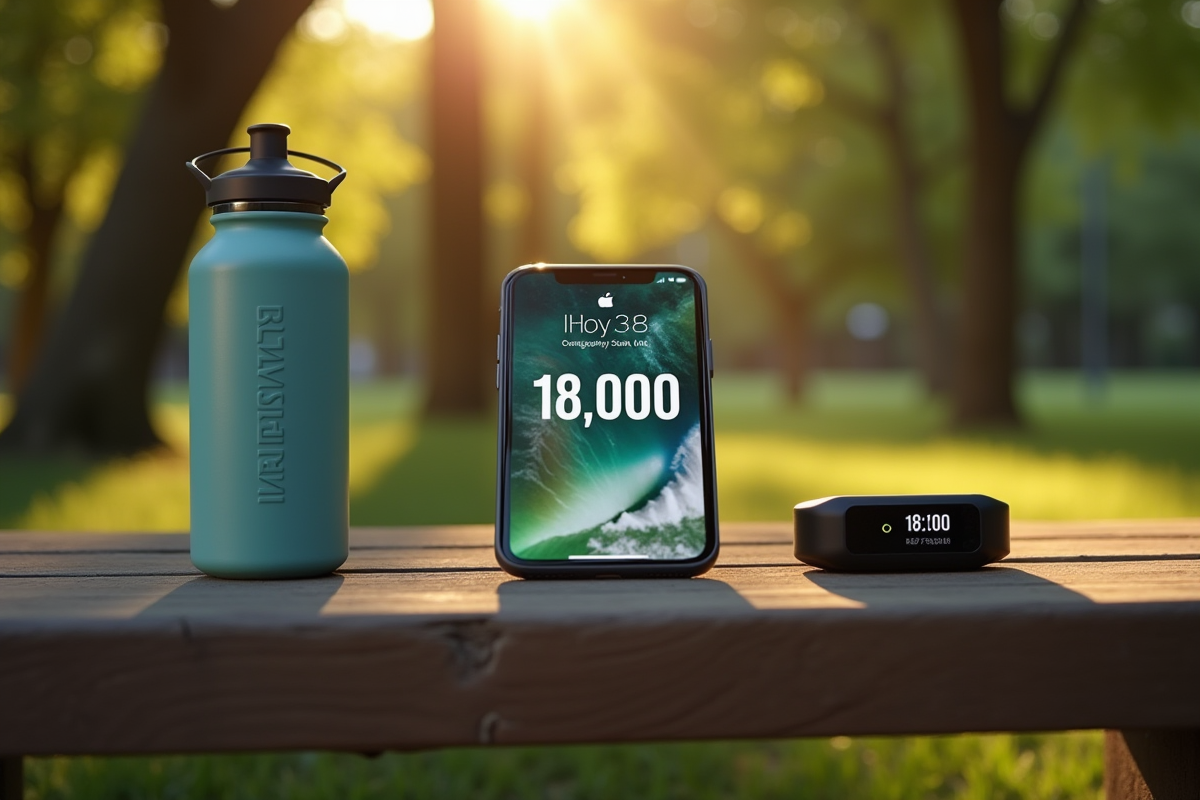 Ecran de smartphone affichant 18000 pas sur un banc en plein air