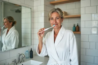 Femme entretenant ses couronnes dentaires en céramique avec une brosse à dents douce dans une salle de bain moderne