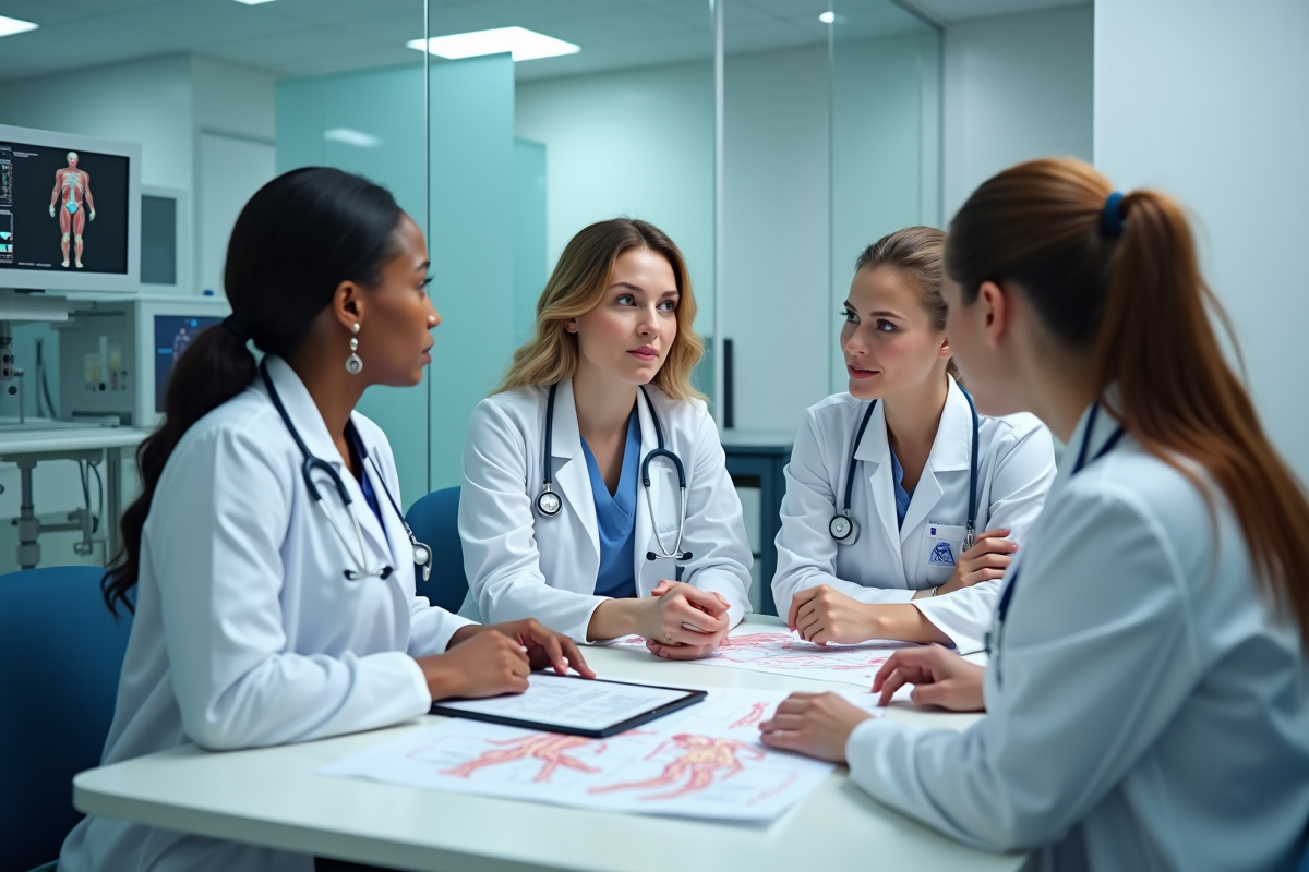 Equipe médicale en discussion dans un hôpital moderne