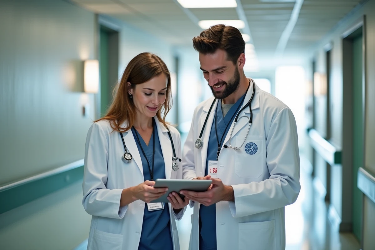 Équipe médicale discutant des bonnes pratiques de protection des données patients dans un couloir d'hôpital