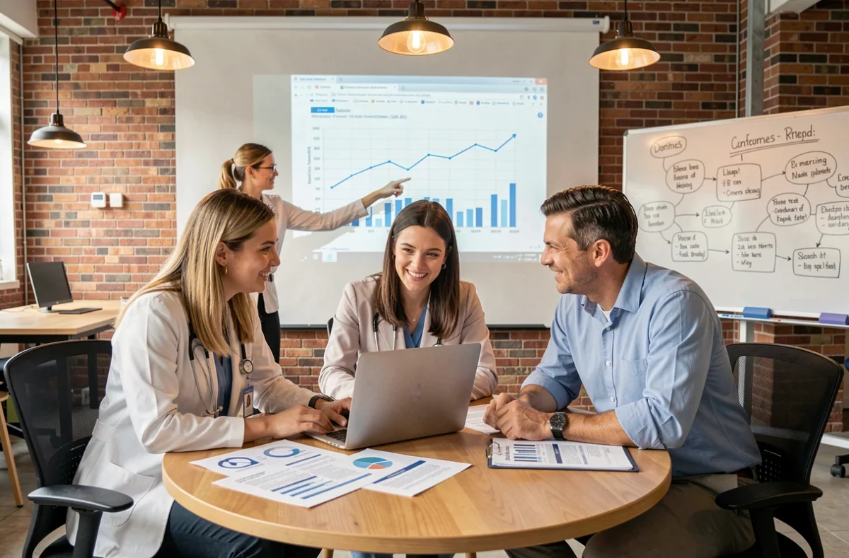 Équipe pluridisciplinaire de professionnels de santé collaborant autour d'une stratégie de transformation digitale dans un espace de travail innovant
