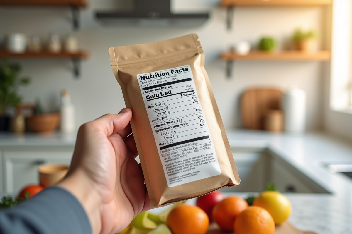 Etiquette nutrition sur un emballage alimentaire avec main en cuisine
