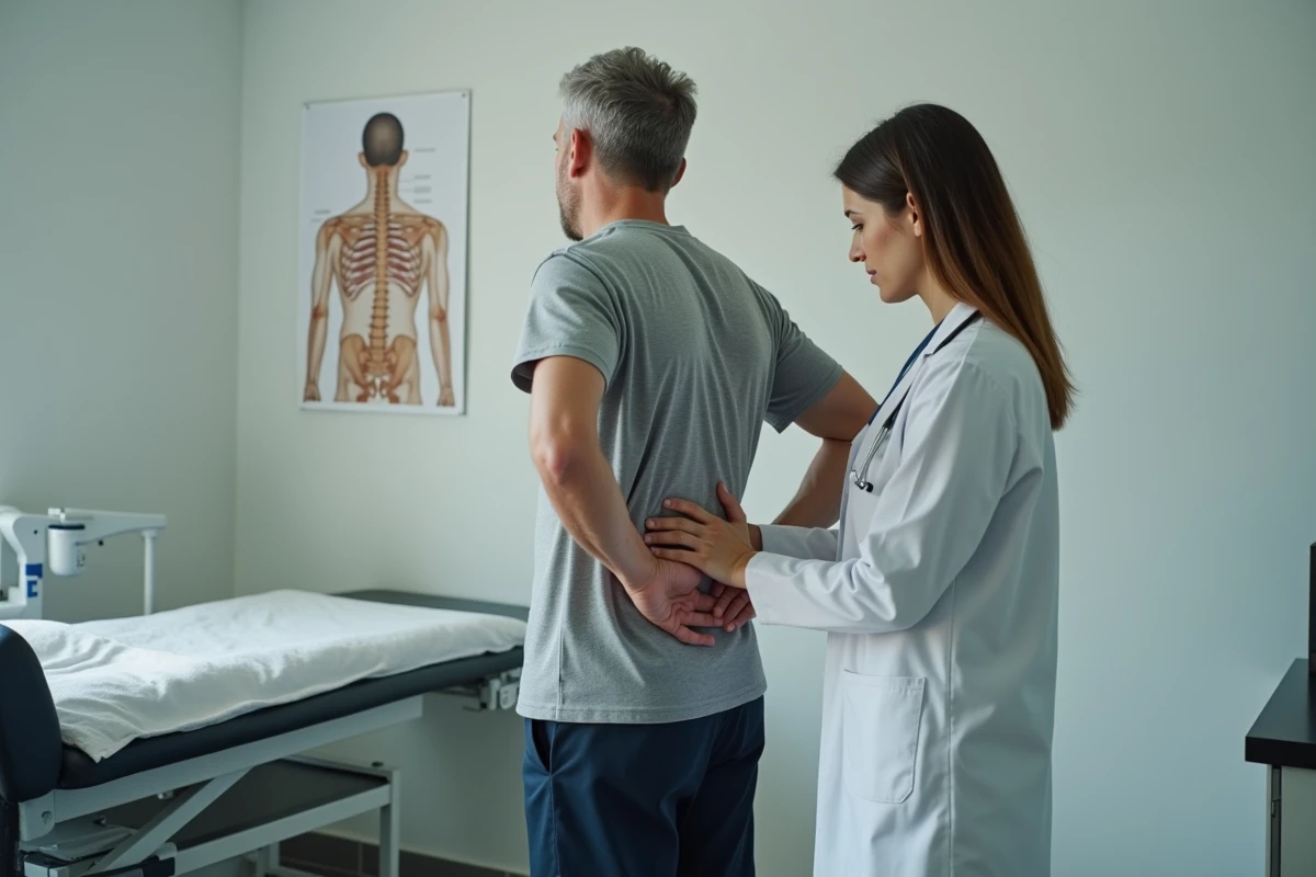 Examen clinique du dos lors d'une expertise médicale pour discopathie lombaire