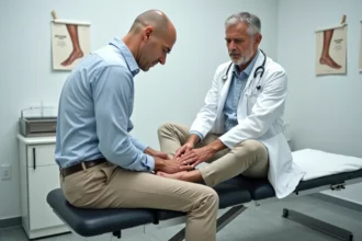 Examen clinique du talon d'un patient souffrant d'épine calcanéenne par un médecin orthopédiste