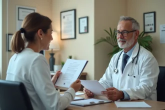 Expertise médicale pour discopathie : médecin expert examinant les documents d'une patiente lors d'une consultation officielle