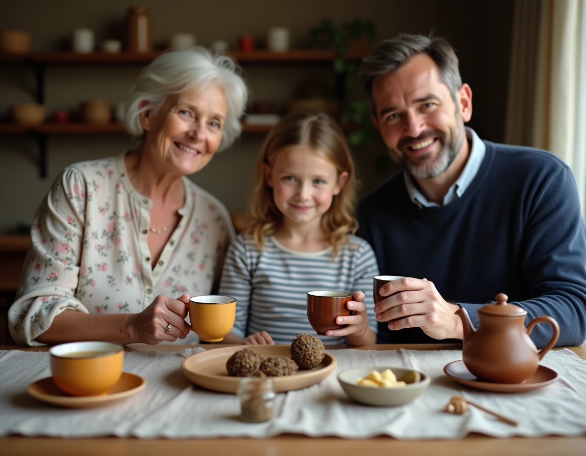 Famille réunie autour d'une table avec des tasses d'infusion rooibos pour petits et grands