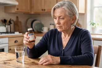 Femme de 60 ans lisant l'étiquette d'un flacon de vitamine B12 à la cuisine