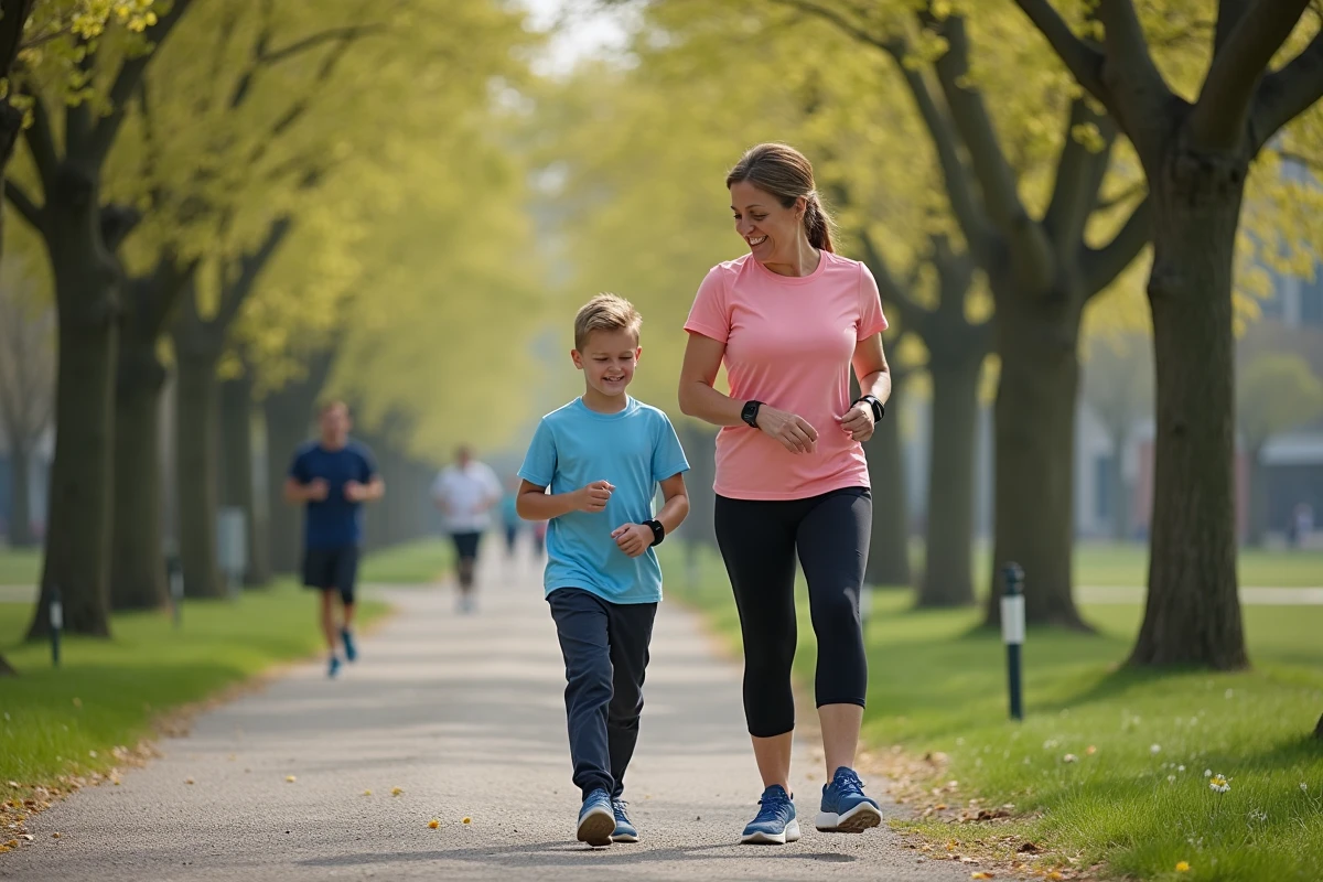 Femme et adolescente marchent dans un parc en courant