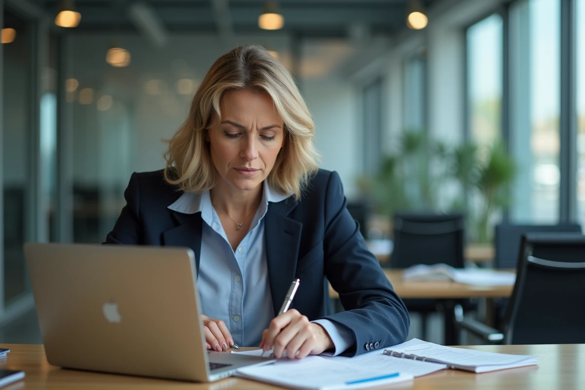 Femme d'affaires concentrée travaillant à son bureau moderne