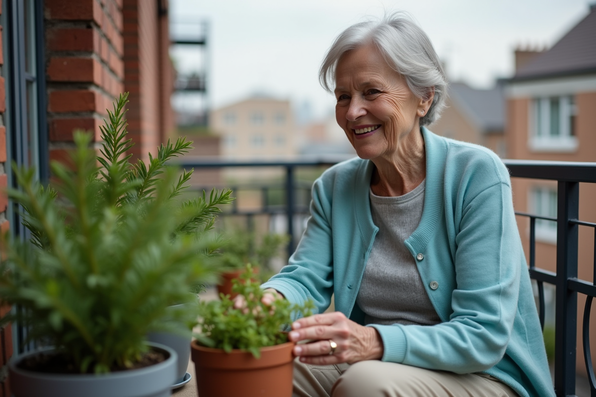 Femme agee souriante avec plantes sur balcon urbain