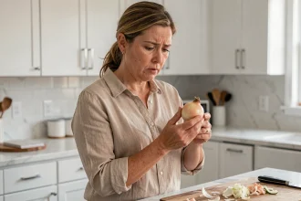 Femme adulte dans une cuisine tenant un oignon et regardant avec inquiétude, illustrant une allergie potentielle aux oignons