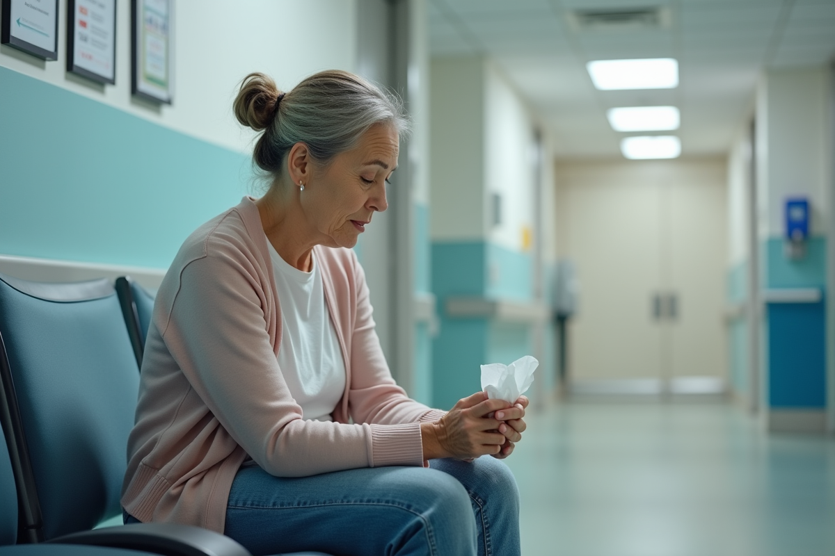 Femme d'âge moyen assise dans une salle d'attente hospitalière