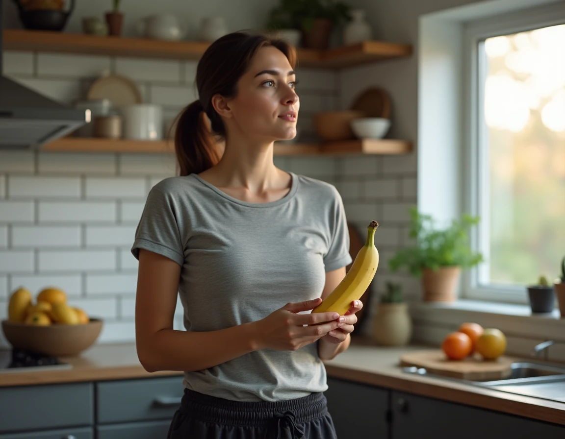 Femme tenant une banane dans une cuisine moderne le soir, réfléchissant à ses habitudes alimentaires pour maigrir
