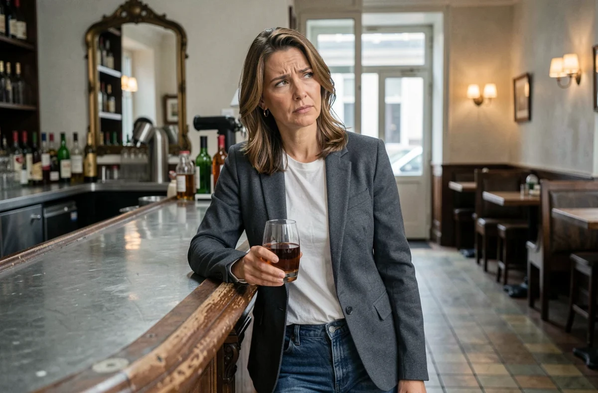 Femme accoudée au comptoir d'un café parisien tenant un verre de pastis, symbole d'une consommation d'alcool anisé devenue habitude quotidienne préoccupante