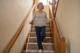 Femme d'âge mûr utilisant une béquille pour monter un escalier en bois en tenant la rampe, vue en plan trois-quarts