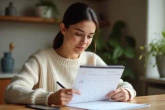 Femme consultant un calendrier pour calculer sa date prévue d'accouchement après une grossesse sous contraception
