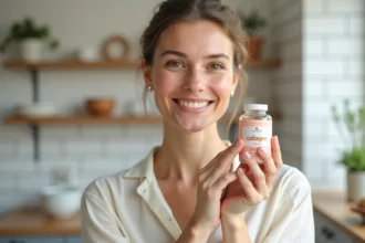 Femme tenant un flacon de compléments alimentaires au collagène Bears with Benefits dans une cuisine moderne, avis après cure complète