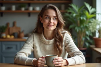 Femme assise avec mug de boisson aux champignons dans une cuisine chaleureuse