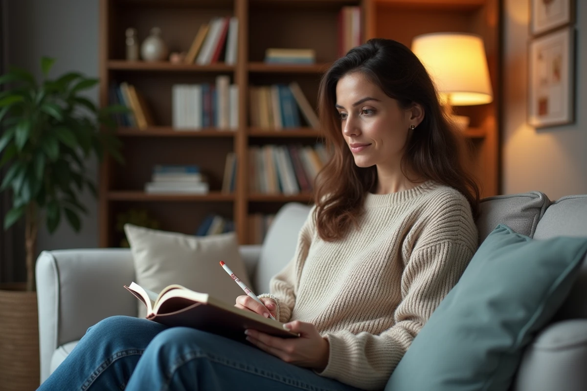 Femme assise sur un canapé dans un salon cosy