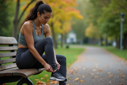 Femme en jogging attachant ses chaussures de course dans un parc automnal