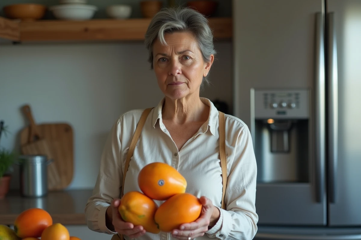 Femme en cuisine plaçant des papayas dans un contenant hermetique