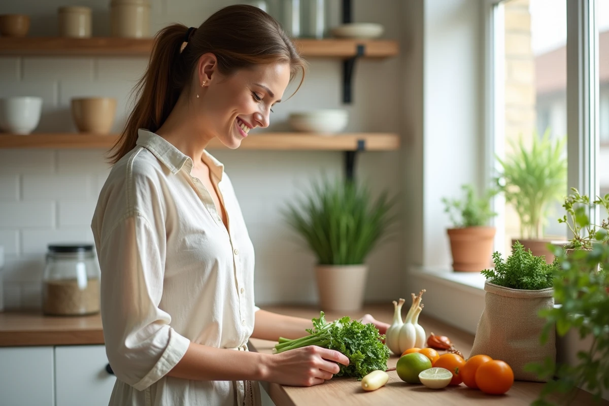 Femme en cuisine minimaliste inspectant des légumes frais dans un esprit de consommation responsable et de vie simple