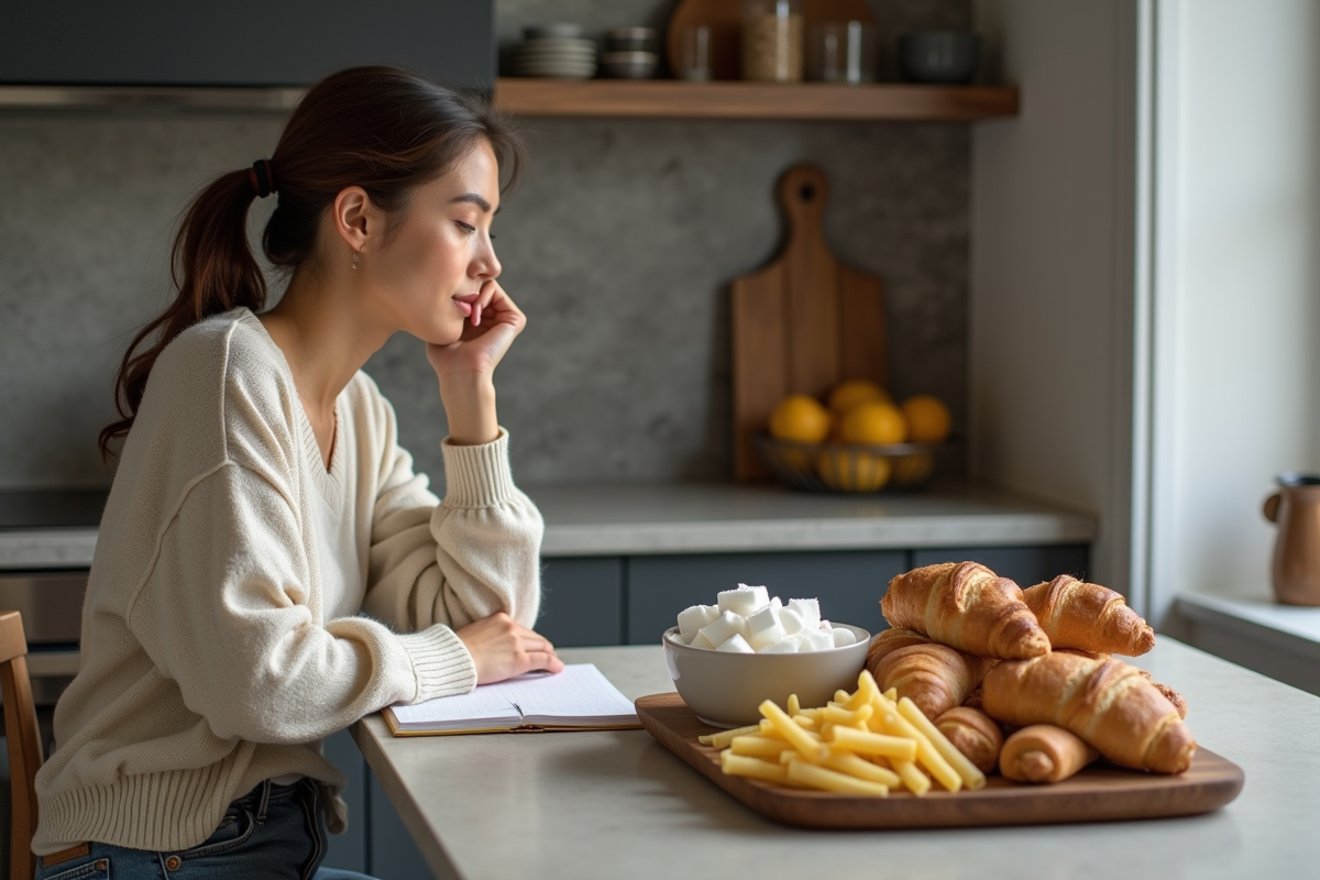 Femme pensant devant un plateau de pains et pâtes