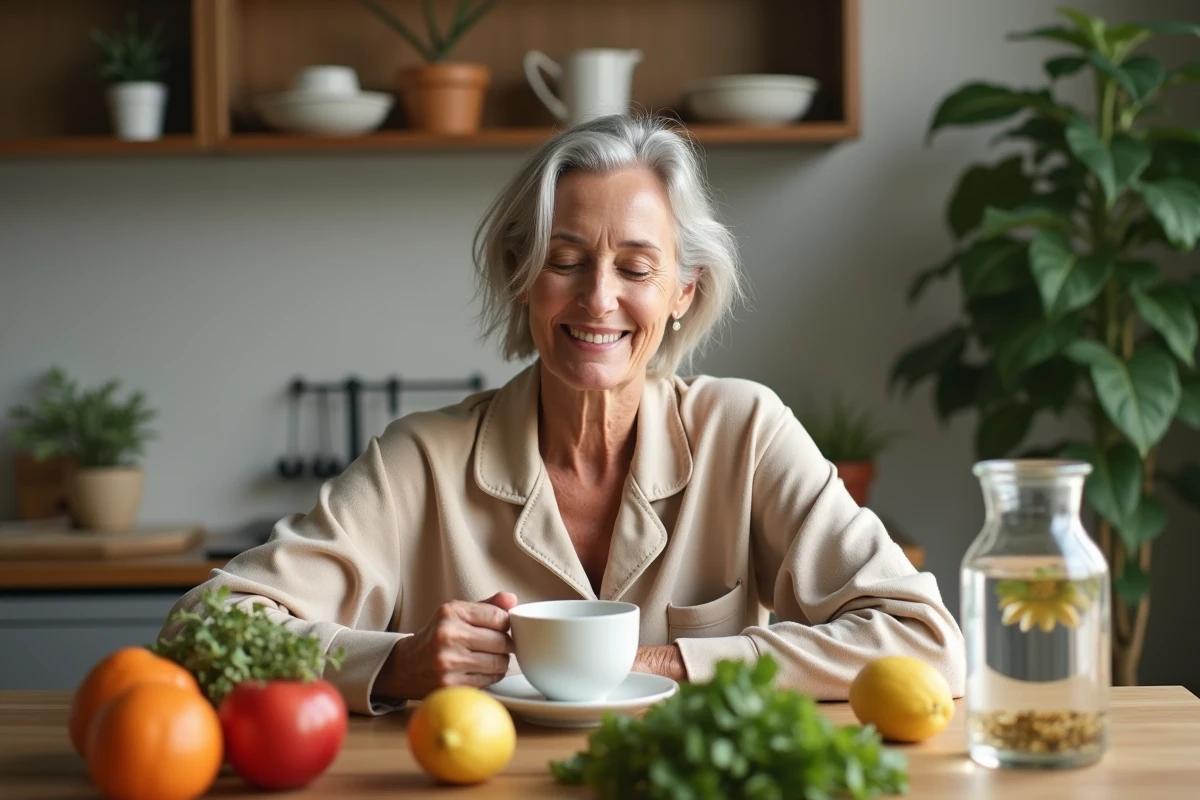 Femme d'âge moyen buvant une tisane dans une cuisine chaleureuse