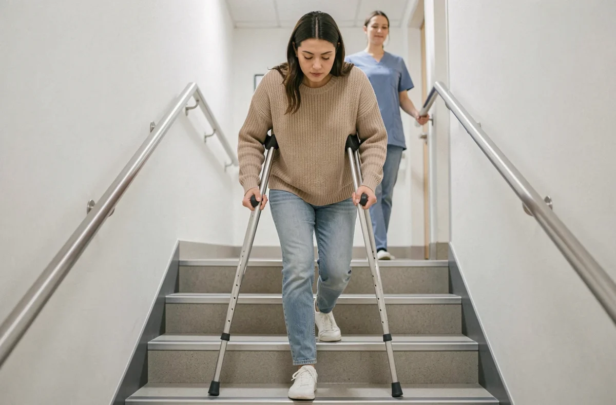 Jeune femme avec deux béquilles d'avant-bras s'arrêtant sur les marches d'un centre de rééducation, accompagnée d'un kinésithérapeute en arrière-plan