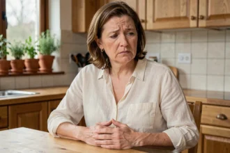 Femme d'âge mûr assise dans sa cuisine, les mains sur l'abdomen, exprimant une gêne digestive liée à un foie fatigué