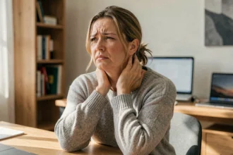 Femme tenant sa nuque douloureuse assise à un bureau, illustrant la douleur cervicale qui remonte dans la tête
