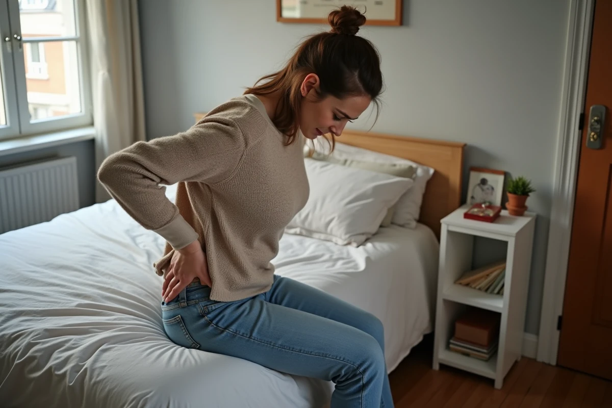 Femme assise sur le lit se tenant le dos en douleur
