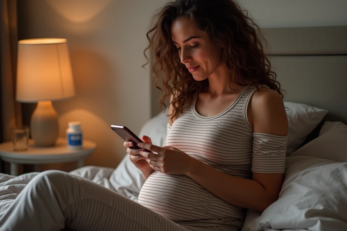 Femme enceinte utilisant une application mobile pour calculer sa DPA après une grossesse sous contraception