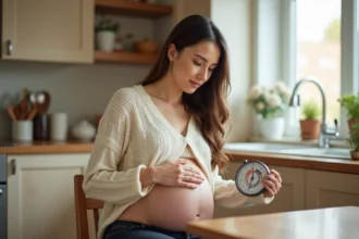 Femme enceinte calculant son terme de grossesse avec une calculatrice obstétricale à la maison