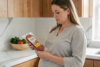 Femme enceinte examinant l'étiquette d'un paquet de chorizo dans une cuisine moderne