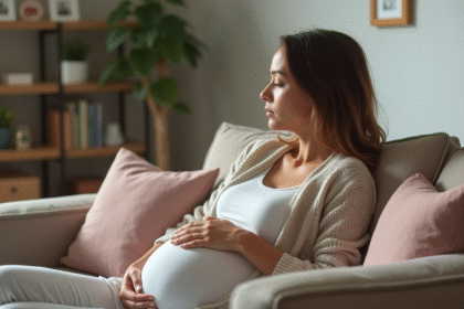 Femme enceinte assise sur un canapé dans un intérieur chaleureux
