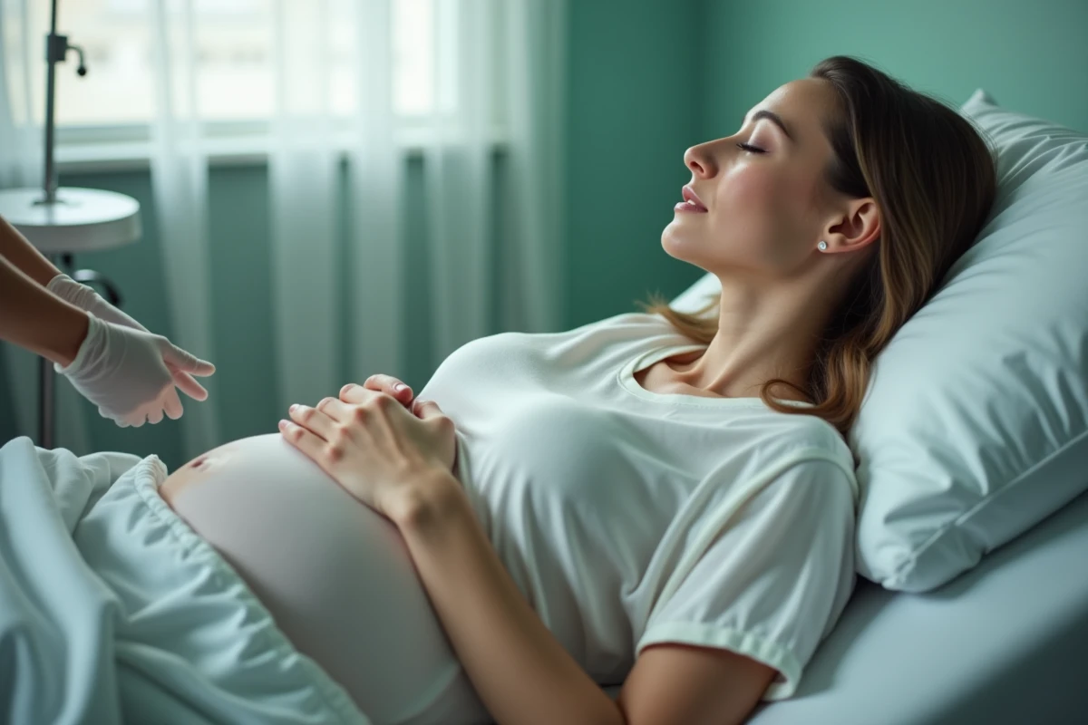 Femme enceinte allongée en salle de travail lors d'un examen du col de l'utérus par une sage-femme